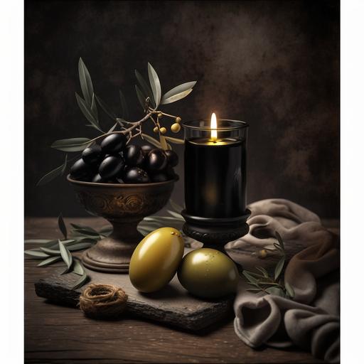 easter poster with olives candel on table