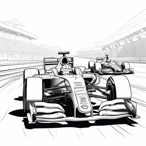 easy coloring page for kids, formula 1 cars on a race track, very simple lines