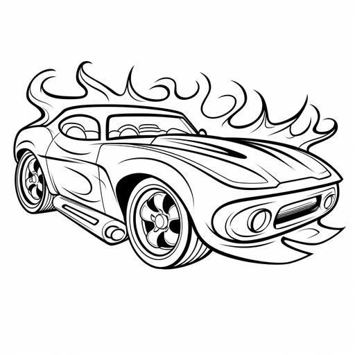 easy coloring page for kids, tuning cars with flames, hot wheels style, very simple lines
