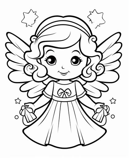easy peasy colouring page, christmas cartoon angel, outline only, simple, black and white, no shading, low detail --ar 9:11