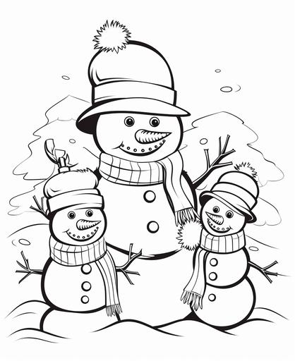 easy peasy colouring pages for kids under 8, Christmas snowman family, simple, black and white, outline only, no shading, low detail --ar 9:11