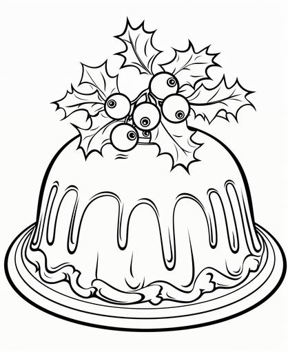 easy peasy colouring pages for kids under 8, Christmas pudding cartoon holly on top, simple, black and white, outline only, no shading, low detail --ar 9:11