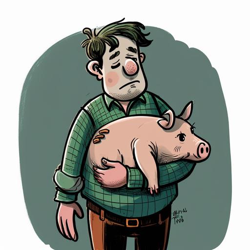 easy to draw animated picture, a man holding pig in his hands