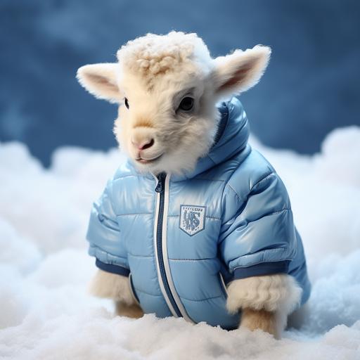 eate a 3D mock-up of a Baby Goat University puffer jacket, perfect for cold weather. The jacket should have a cozy and fluffy appearance, featuring a large Baby Goat University logo on the chest. Use a color palette inspired by winter landscapes, with icy blues and soft whites. Shot with a macro lens to capture the intricate texture of the jacket's quilting. Lighting styled with soft, diffused light to enhance the jacket's warmth and comfort.