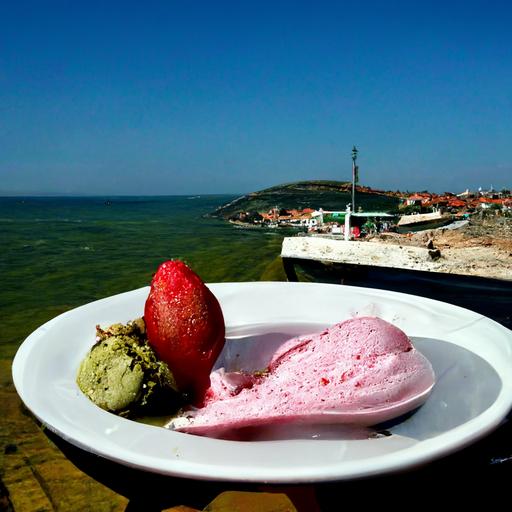 eating a pistachio and strawberry ice cream, on a table bar nearby the sea