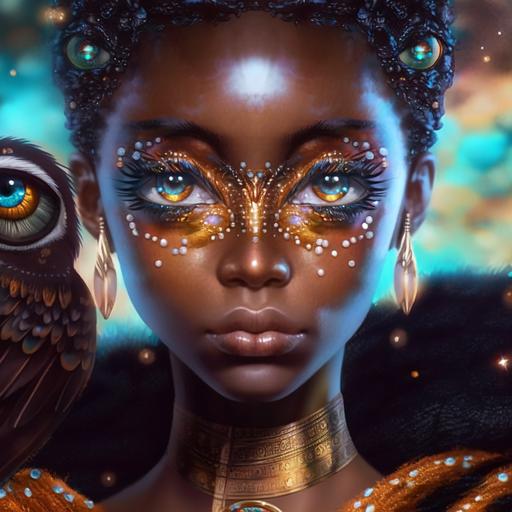 e(bisyoujyo),beautiful black female, beautiful owl eyes,Daughter, dress, aristocratic, nobl,Transparency,romantic, Mysterious,highly saturated, aestheticism,long glitter eyelashes, detailed eye iris, (extremely detailed),(masterpiece), (best quality), (ultra-detailed), (illustration),8k --niji