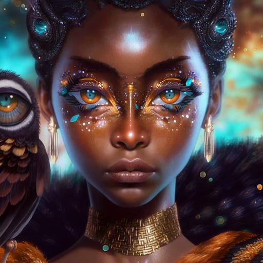 e(bisyoujyo),beautiful black female, beautiful owl eyes,Daughter, dress, aristocratic, nobl,Transparency,romantic, Mysterious,highly saturated, aestheticism,long glitter eyelashes, detailed eye iris, (extremely detailed),(masterpiece), (best quality), (ultra-detailed), (illustration),8k --niji