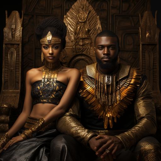 ebony skinned Black man and woman with brilliant amber eyes, model bone structure, ancient Kush, royalty, king and queen, sitting their thrones at court, gold,