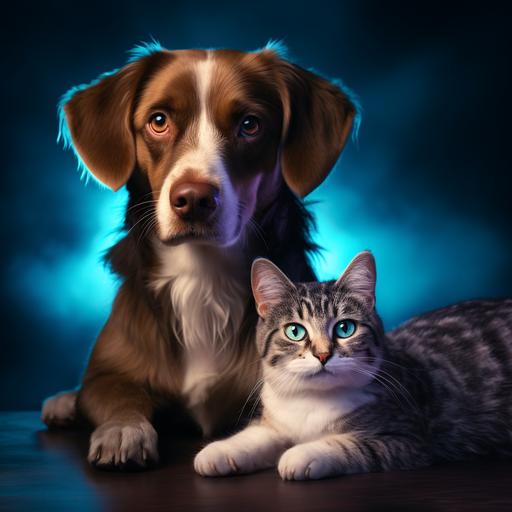 A photorealistic high quality image of a cat and a dog with big blue eyes, dark background and neon lights in the background color #006383,