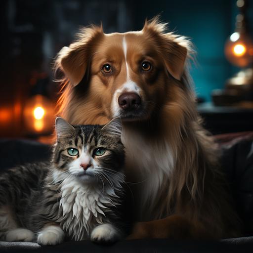A photorealistic pro image of a cat and a dog with big blue eyes, dark background and good illumination, 3D, ar 16:9 --q 0.5 --v 5.2 --s 750