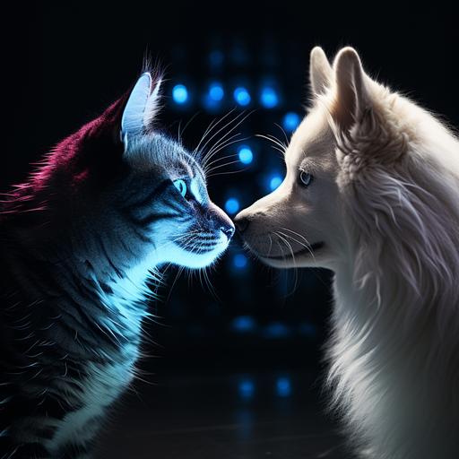 /imagineA photorealistic high quality image of a persian cat and a husky dog facing each other, only head and neck with big blue eyes, dark background and neon lights in the background color #006383 HD.