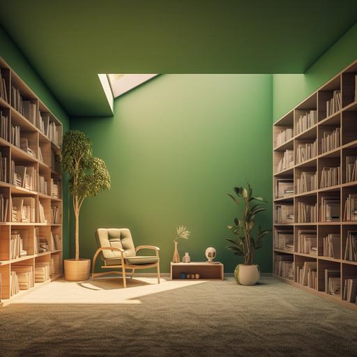 eco frindly reading room with one shelfs o books, minimalstic, opn point perspective, 4k
