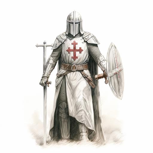 Templar warrior from the time of the Crusades with a helmet on his head, seen from the front, the arm holding the sword raised towards the sky, the other arm holding a shield with a red cross on it, the legs disappearing in the mist, draw in pencil, on a white background, in high resolution.