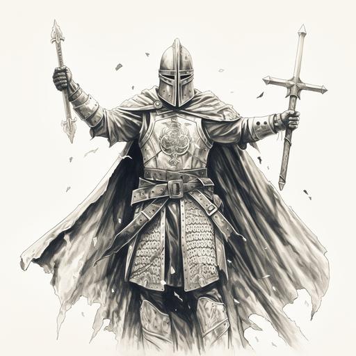 Templar warrior from the time of the Crusades with a helmet on his head, seen from the front, the arm holding the sword raised towards the sky, the legs disappearing in the mist, drawn in pencil, on a white background, in high resolution.