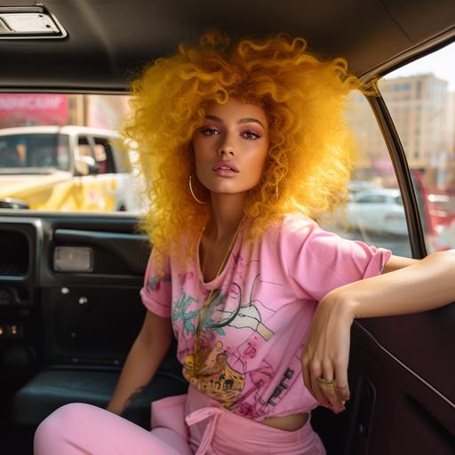 photo of 70s Vogue magazine latina fashion model with pink cotton candy hair New York inside a yellow cab wearing a white ripped t-shirt. photograph, character. v5