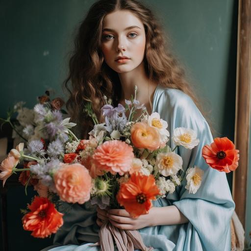 editorial magazine shoot, 8K, canon EH 16/35mm bouquet of wild flowers tied in a light blue ribbon. Peonies, dahlias and poppies.