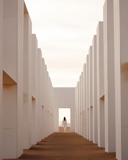editorial photo shoot, surreal architecture, impossible structure, large scale art installation, minimalism, minimalist landscape, Morocco, editorial style, offwhite colors, cinematic, outside, moody lighting, shot with film camera, photorealistic, --ar 4:5