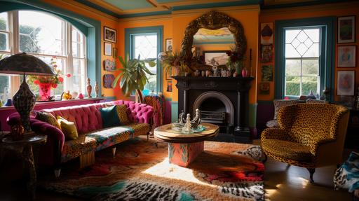 editorial style photograph, sunny, afternoon light, maximalist English country home interior, living room, fireplace, colourful, tiger print rug, curved sofa --ar 16:9 --v 5