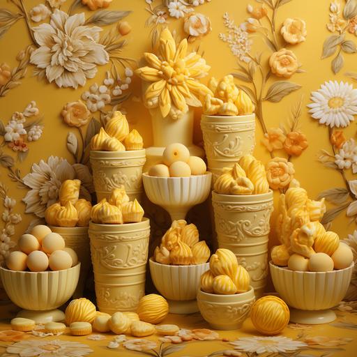 edwardian style wallpaper texture, yellow sweets, candy, --s 250