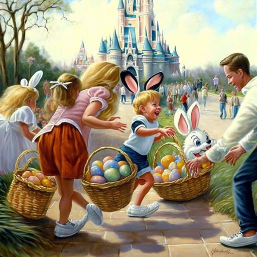 eggs, all over Walt Disney World, being hunted, and gathered by children with baskets make sure there are brightly colored eggs in the baskets and that there are bunnies hopping around the kids feet