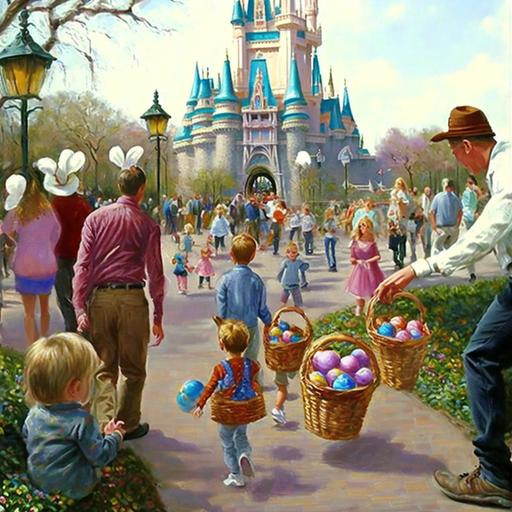 eggs, all over Walt Disney World, being hunted, and gathered by children with baskets make sure there are brightly colored eggs in the baskets and that there are bunnies hopping around the kids feet