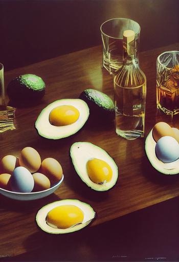 eggs with legs and avocados and whiskey and cigarettes on a checkered breakfast table, art by Jim Jarmusch --ar 2:3 --s 5000 --upbeta --testp