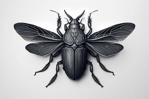 egyptian winged beetle, charcoal drawing, ballpoint pen drawing, detailed lines, digital drawing, 2d, white background, portrait, white background, duotone, black and white, tattoo design, 8k --ar 3:2