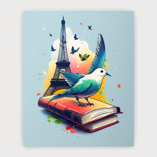 eiffel tower, doves, books, cartoon style