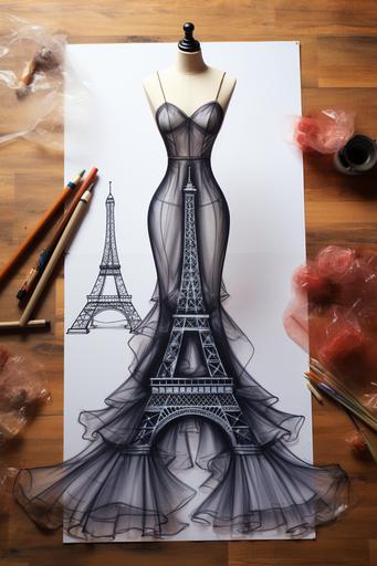 eiffel tower dress, fashion design sketch --ar 2:3