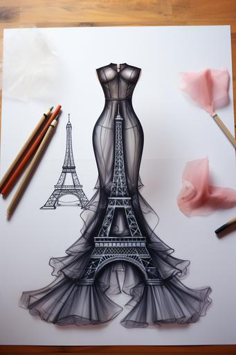 eiffel tower dress, fashion design sketch --ar 2:3