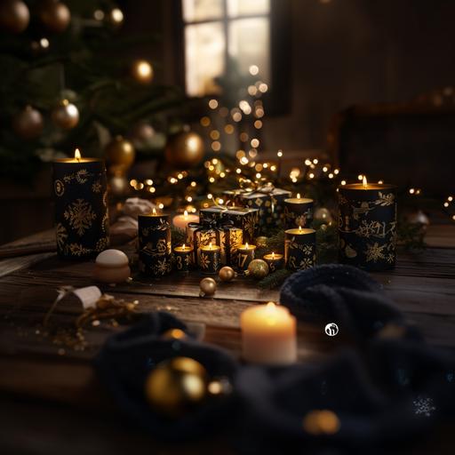 ein gamuröser Adventskalender mit gold bei Nacht im Kerzenschein, Weihnachtsstimmung details