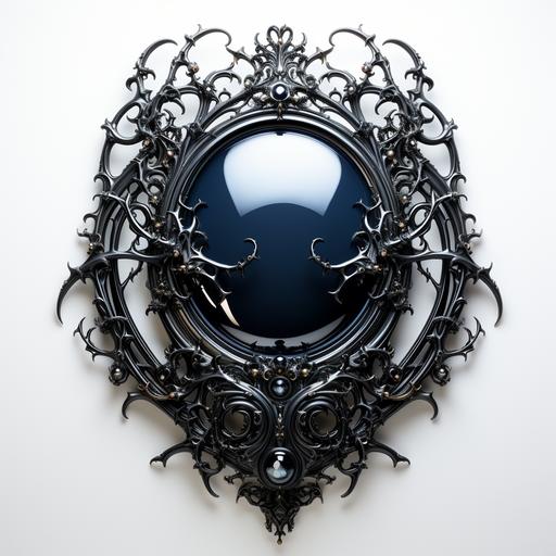 elaborate baroque gothic framed mirror made of ebony and with obsidian and mother of pearl and moonstone inlay, abstract art déco art nouveau motifs, extreme craftsmanship, isolated on white background --q 2 --s 750