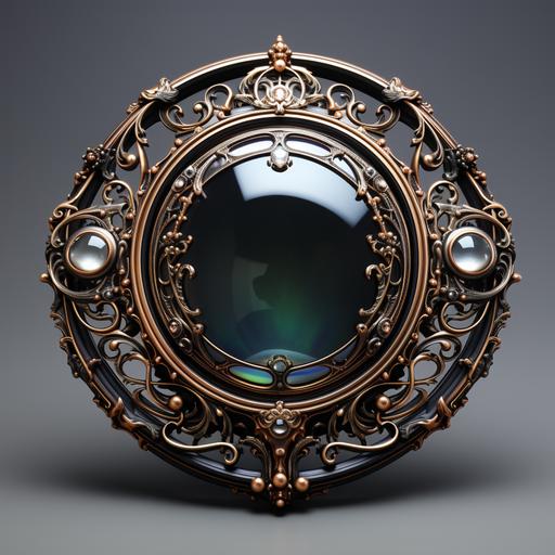 elaborate baroque gothic framed mirror made of ebony and with obsidian and mother of pearl and moonstone inlay, abstract art déco art nouveau motifs, extreme craftsmanship, isolated on white background --q 2 --s 750