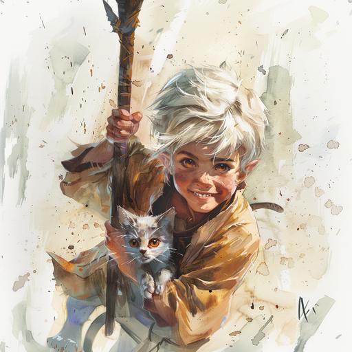 eladrin child monk, upturned nose, bright whitish blond short hair, brilliant amber eyes, smiling as he is preparing to strike, in a martial art pose, holding a quarterstaff, a kitten on his shoulder, cheeky mood, watercolour art, character art