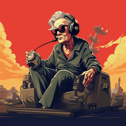 elderly lady with dark glasses and headphones. she is on top of a tank and wearing an Italian maglieta and military pants. cartoon style