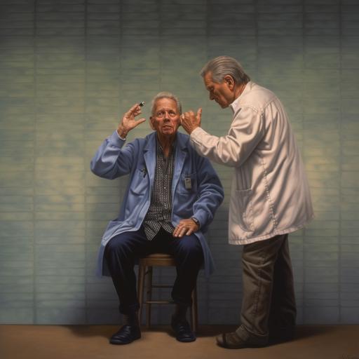 elderly man being examined by a doctor, with signs of a stroke, full body, one hand raised and the other lowered, nervous, hyper realistic