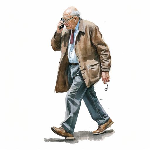 elderly man talking on a cell phone, stepping out of a smartphone, full body shot