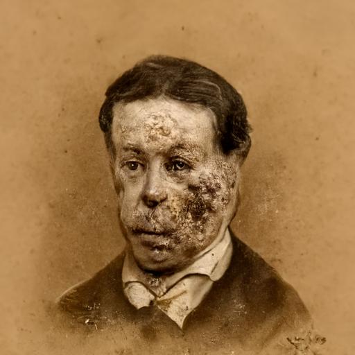 old victorian portrait photo in sepia of a gentleman with facial anomalies , blisters and skin diseases posing in altive pose rendered in hd ultrahd