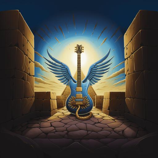 electric guitar flying up with two wings over ancient egyptian pyramids and breaking free from metal chains metal album art style