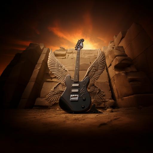 electric guitar with flying up with two wings over ancient egyptian ruins and breaking free from metal chains stoner rock art style