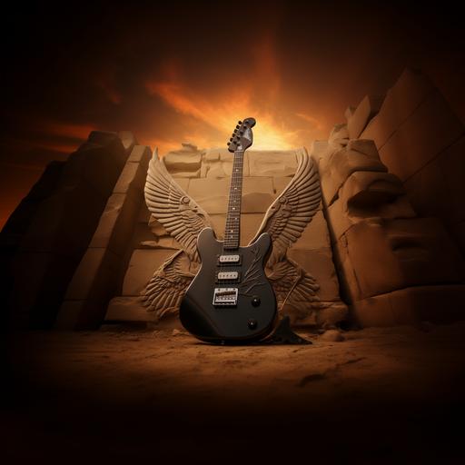 electric guitar with flying up with two wings over ancient egyptian ruins and breaking free from metal chains stoner rock art style