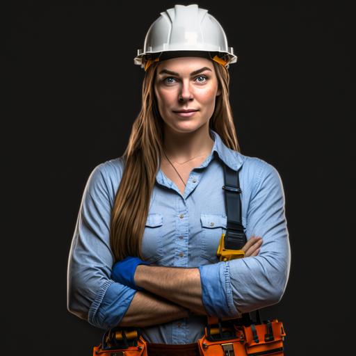electrician beautiful woman, long hair, arms crossed, usanso an electrician hat, blue eyes in ujm fund white, realistc ,4k