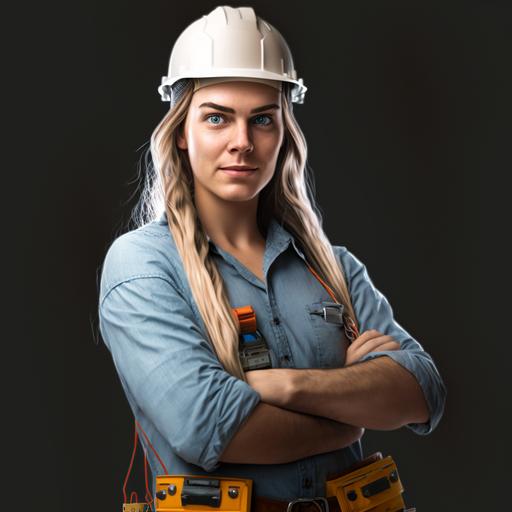 electrician beautiful woman, long hair, arms crossed, usanso an electrician hat, blue eyes in ujm fund white, realistc ,4k