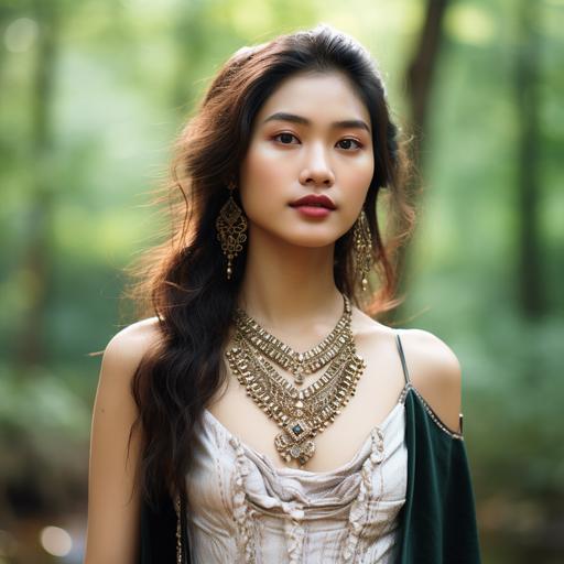 elegant and mature Asian female, age 20-30, strolling in a forest, wearing beautiful jewelry, focus on jewelry, high detail