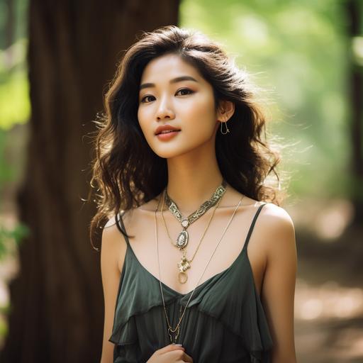elegant and mature Asian female, age 20-30, strolling in a forest, wearing beautiful jewelry, focus on jewelry, high detail