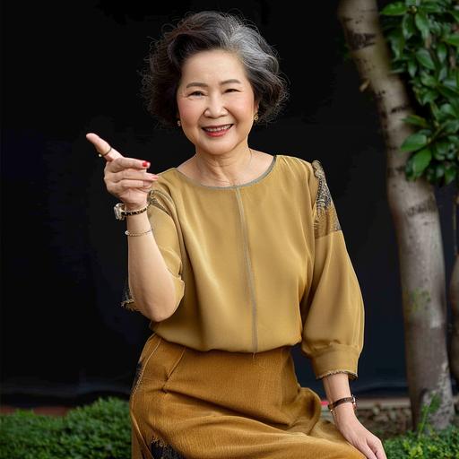 elegant asian grandma sit and point at front with proud expression, minimal turtle neck shirt --v 6.0
