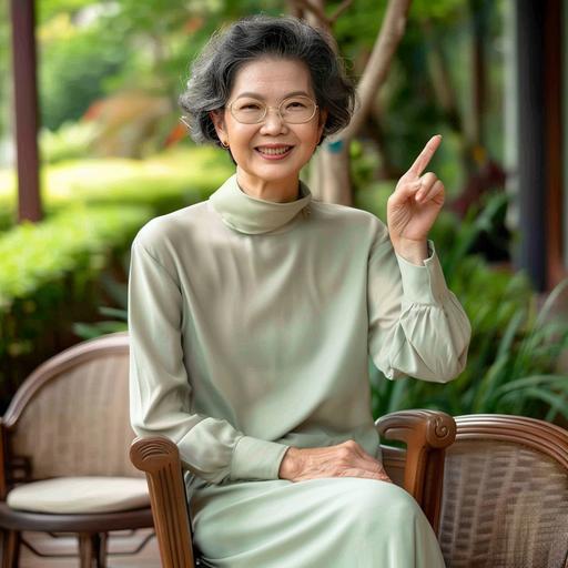 elegant asian grandma sit and point at front with proud expression, minimal turtle neck shirt --v 6.0