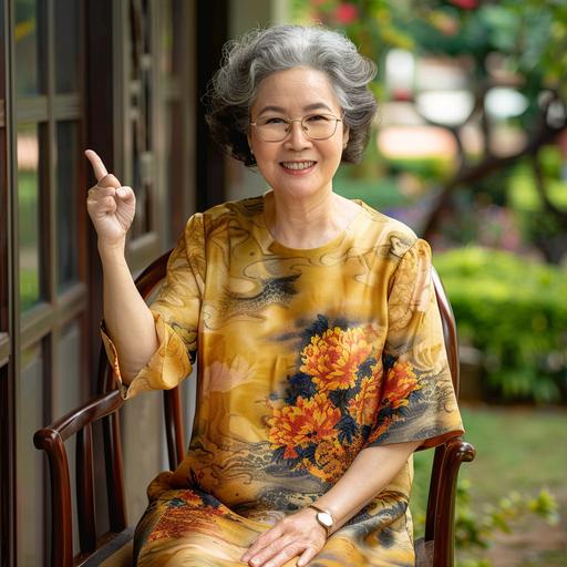 elegant asian grandma sit and point at front with proud expression
