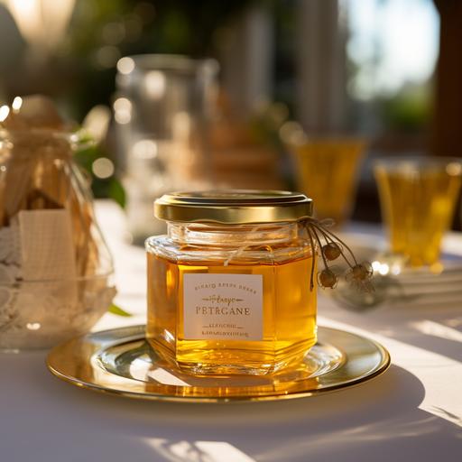 elegant clear plastic label meant for organic greek honey. Empty glass jars in background on table