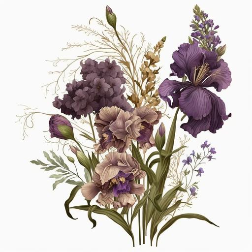 elegant illustration of a cluster of deep purple irises, hydrangeas green rosemary sprigs on a white background, and delicate gold details